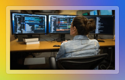 An employee working on multiple monitors.