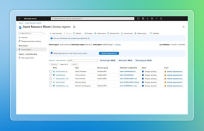 Azure Resource Mover resources list with dependency status
