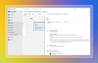 Azure DevOps pipeline view showing a test stage failure with deployment errors and logs in the release summary panel.