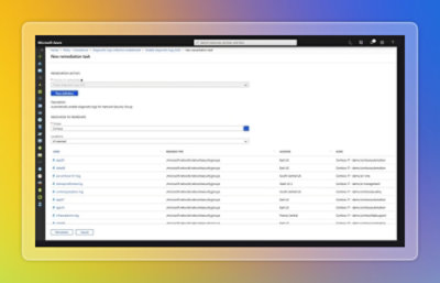 Microsoft Azure portal showing a new remediation task for enabling diagnostic logs on network security groups.
