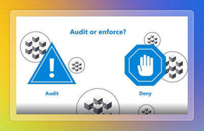 Diagram comparing audit and deny options in Azure Policy, using warning and stop icons to show policy actions.