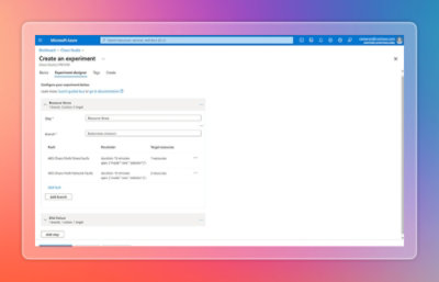 Microsoft Azure portal showing the Chaos Studio experiment designer with resource stress and Kubernetes fault settings.