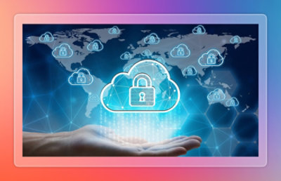  Conceptual illustration of secure cloud computing with a lock icon over a global network map.