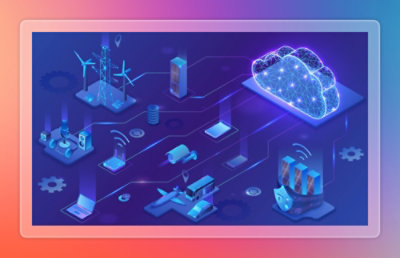 Illustration showing connected infrastructure and cloud services supporting edge devices, networks, and data platforms.