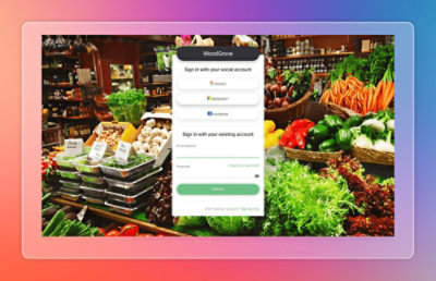 WoodGrove sign-in form over grocery store background