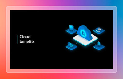 A blue cloud-shaped diagram with the word Cloud benefits displayed on a black background.