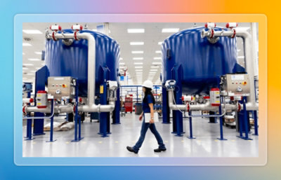 Person walking through an industrial facility with large blue processing tanks and equipment.