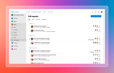 Azure DevOps pull requests page showing active and completed pull requests for a repository.