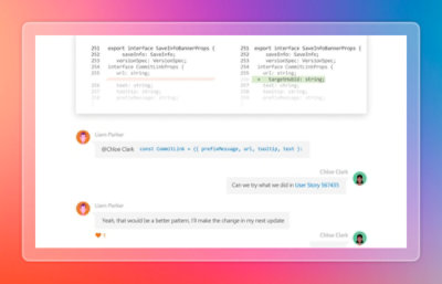 Code diff with added property highlighted and developer comments discussing changes in a pull request.