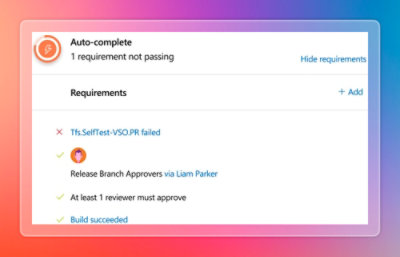 Pull request auto-complete panel showing one failed requirement and approved review conditions.