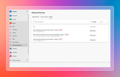 Azure DevOps Advanced Security view highlighting detected secrets and critical alerts in repositories.