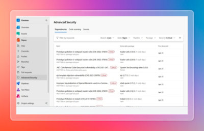 Azure DevOps dependency scanning results listing vulnerable packages with severity levels and detection dates.