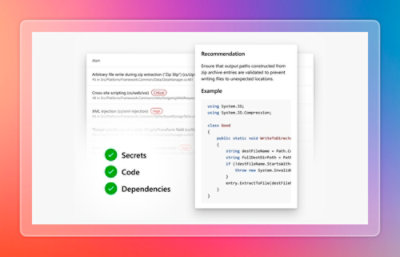 Security recommendation panel showing alerts for code issues with validation guidance and sample code snippets.