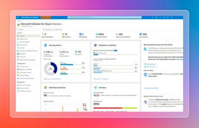 Microsoft Defender for Cloud overview dashboard displaying security posture, regulatory compliance, workload protections, and inventory metrics.