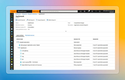Microsoft Azure portal showing the AppNetwork blueprint with assigned artifacts, resource types, and parameter status.