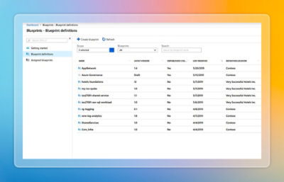 Azure Blueprint definitions page listing multiple blueprints with version numbers, publication status, and definition locations.