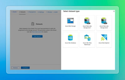 Azure Data Share workflow screen showing the Select dataset type panel with options such as Azure Blob Storage, Azure Data Lake Storage, Azure SQL Database, Azure SQL Data Warehouse, and Azure Data Explorer.
