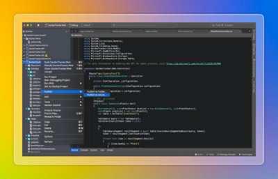 Integrated development environment showing structured code and project folders in a dark‑themed interface.