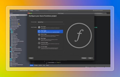 Setup screen for configuring an Azure Functions project with trigger and runtime options.