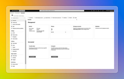 Azure Stack Edge device overview in Azure portal showing device status, shares, storage accounts, modules, and navigation menu.