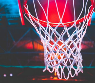 Close-up of basketball hoop and net.