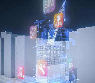 Digital building model with crane overlay.