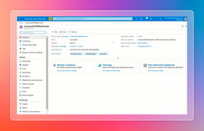 Azure portal view displaying a Kubernetes cluster overview with resource details, monitoring options, logs, and configuration information.