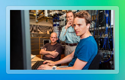 Team working with server equipment.