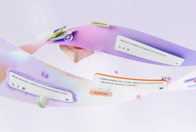 A collage of futuristic digital screens displaying various tasks, including AI companion text