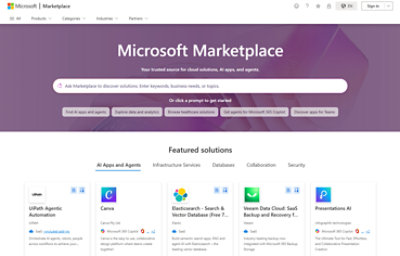 Microsoft Marketplace homepage showing search bar for AI apps, cloud solutions, and featured solution cards.