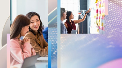 A collage of people in a meeting.