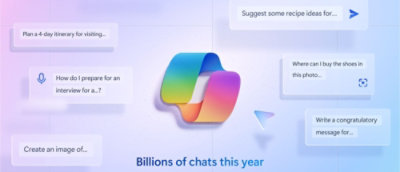 Snimak ekrana logotipa usluge Copilot sa tekstom „milijardu konverzacija ove godine“