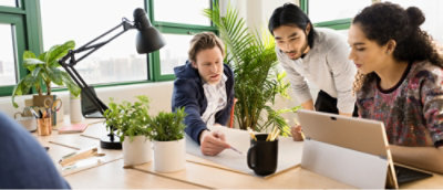 Three coworkers work together at a desk with a laptop, papers, plants, and a lamp in a bright office.