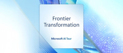 Frontier Transformation title card with Microsoft AI Tour text on an abstract blue and purple digital background.