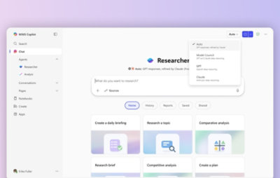Screenshot displaying M365 Copilot Chat with Researcher Agent and a model selection dropdown menu