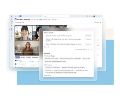A video call in progress with a meeting agenda and notes displayed on the screen.