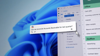 a Microsoft Outlook notification with the message "Can we reconcile Accounts Receivable for last quarter?" 