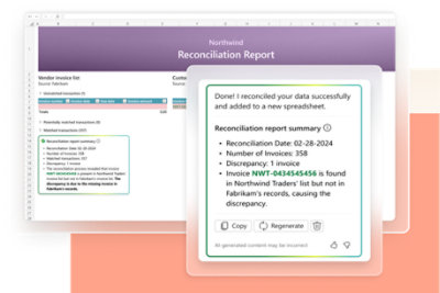A reconciliation report on a laptop screen shows details of vendor invoices, discrepancy, and reconciliation summary. 
