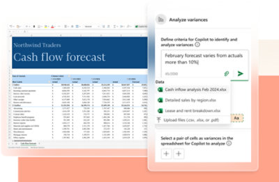 a cash flow forecast spreadsheet and a dialogue box for analyzing variances in February's forecast 