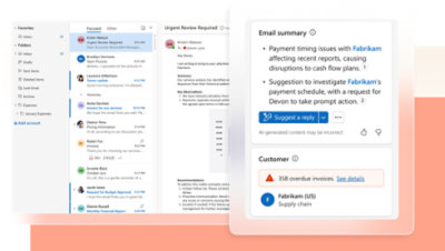 task management interface displaying an email summary on the right, detailing payment issues with Fabrikam. 