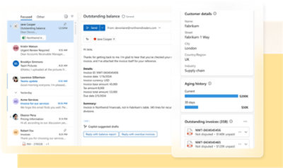  an email inbox and a customer details panel showing an outstanding balance and aging summary 