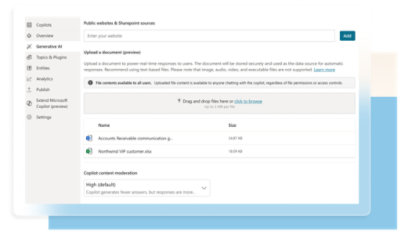 uploading documents to generate AI-powered responses. The interface includes options to drag and drop files