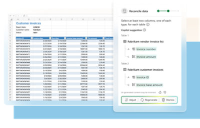  a spreadsheet of customer invoices alongside an interface panel for reconciling data