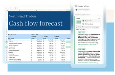 Spreadsheet showing a cash flow forecast with a sidebar displaying analysis of variances, criteria options