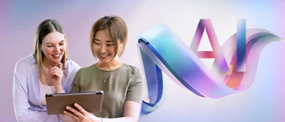 Two people looking at a tablet with colorful ribbons surrounding AI text in the background.
