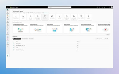 Microsoft Fabric home screen showing workspace setup and quick access options.