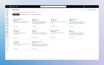 Microsoft Fabric workloads page displaying available data services.