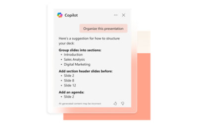 A screenshot of a Copilot suggestion window displays instructions for organizing a presentation