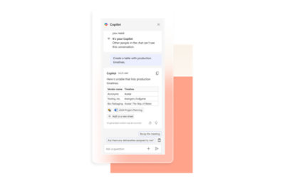 A Copilot chat window showing a conversation about creating a table with production timeline 