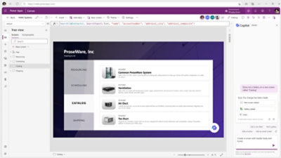 canvas open in power apps with copilot at the right side.